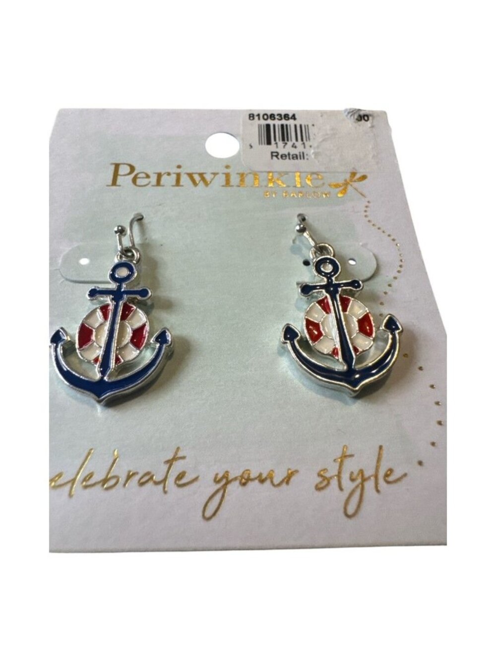 Anchor & Lifebuoy Drop Earrings - Periwinkle By Barlow - Nautical Theme - Red Wh